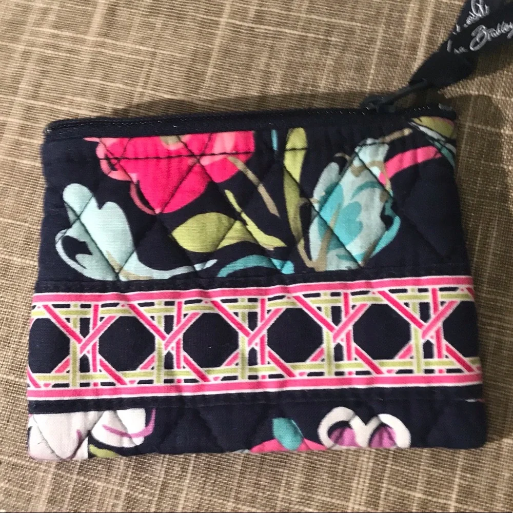 Vera Bradley Navy Quilted Coin Wallet with Pink, Aqua & Lime Accents - Picture 1 of 2